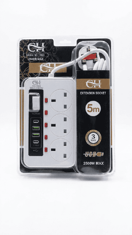 CH Extention Cord 3WAY 3MTR With 2 Typc & 2 Usb Port